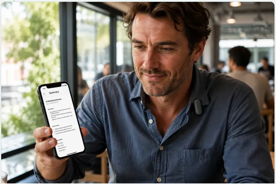 Man in a cafe showing an AI meeting summary on his phone with NotePin clipped to his shirt