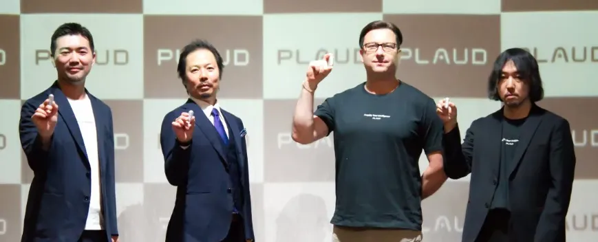 PLAUD team presenting NotePin S devices on stage in Tokyo