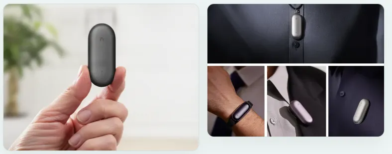 NotePin S held in hand and worn as necklace, wristband, and clip